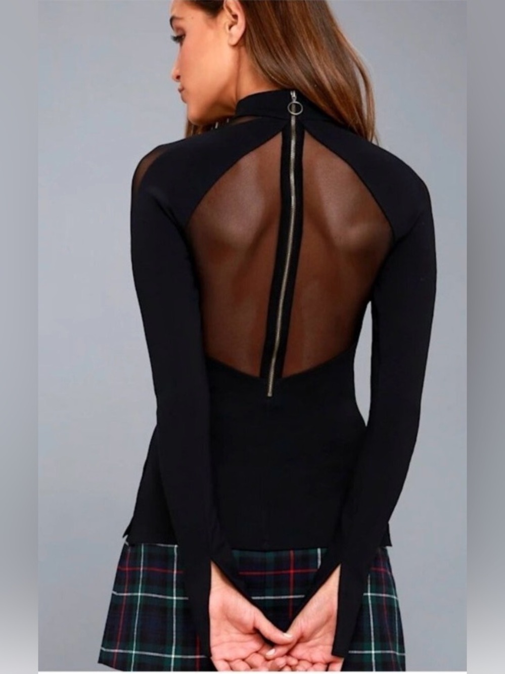 Free People Size L Monarch Black Mesh Long Sleeve Top - Picture 2 of 11
